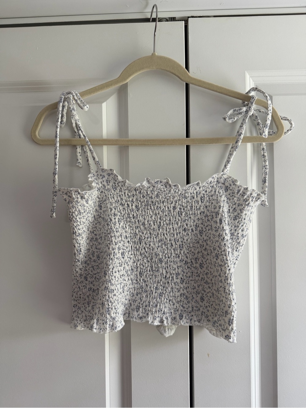Lulus Smocked Tie-Strap Floral Crop Top - White with Blue Print